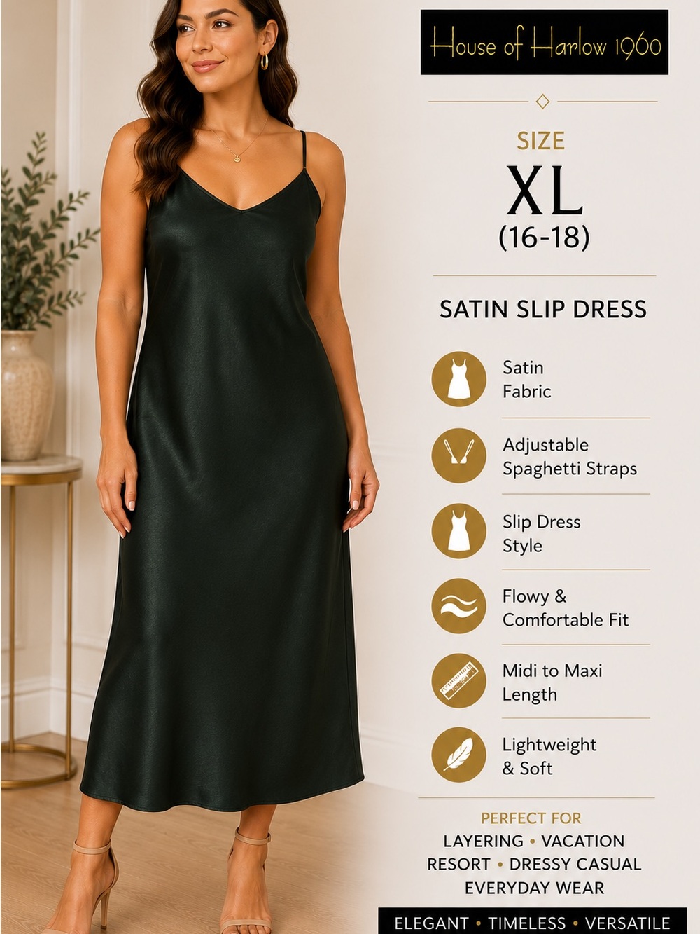 House of Harlow 1960 Satin Slip Dress - Dark Green (XL)